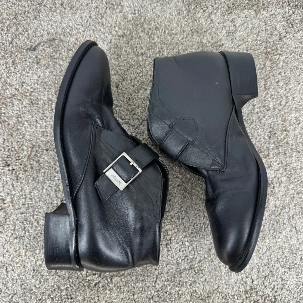 Etienne Aigner Leather Monk Strap Ankle Boots Vintage 8W Block Heel Preppy Black